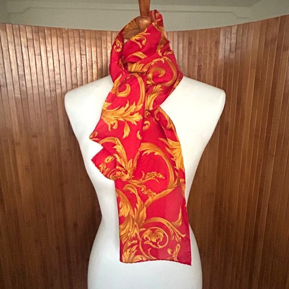 Vintage Oscar De La Renta Silk Scarf Red Gold Baroque Scroll